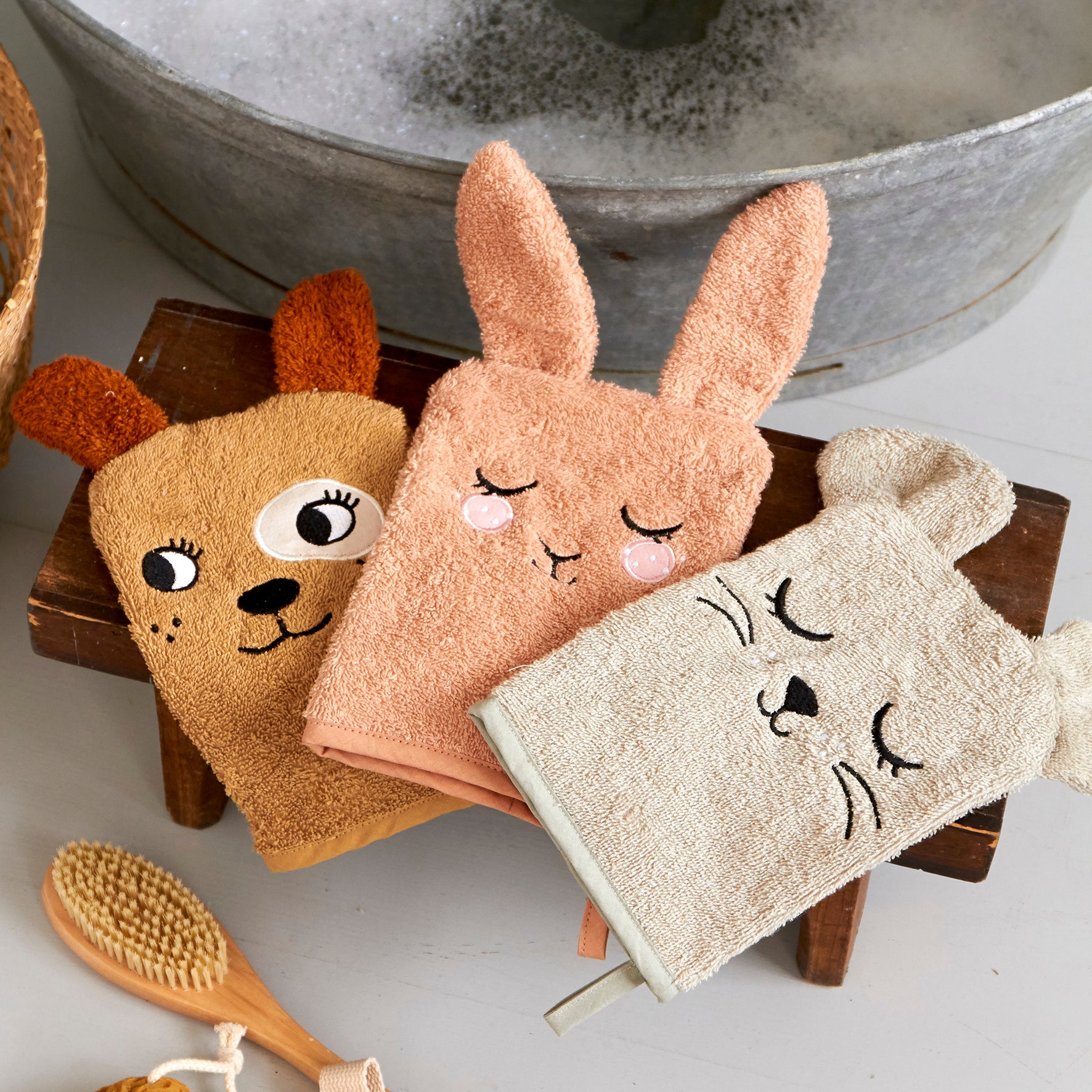 Roommate WASH GLOVES - BUNNY, MOUSE, DOG set med 3