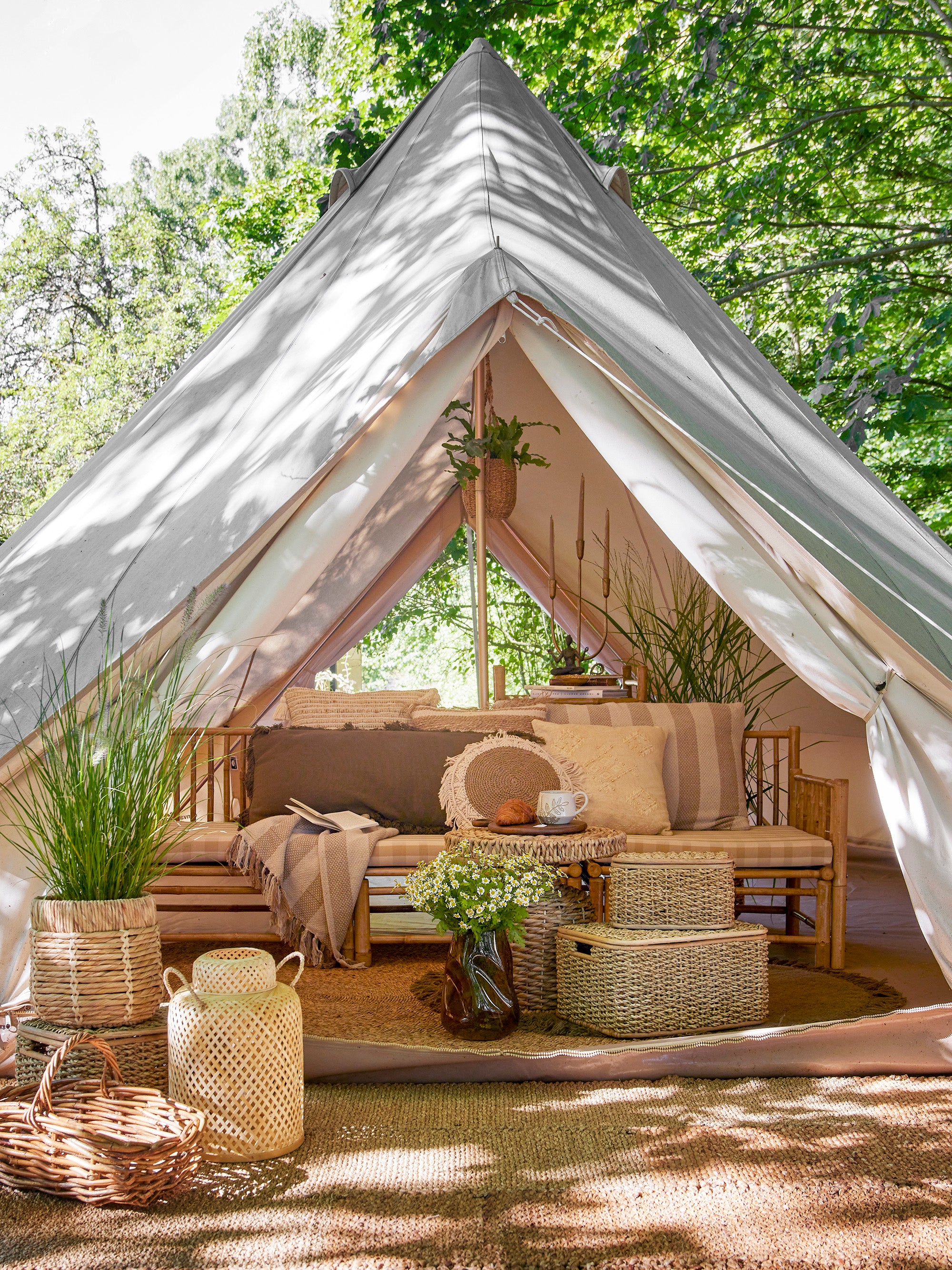 Bloomingville MADLIN Lykta med Glas, Natur, Bambú, set om 2