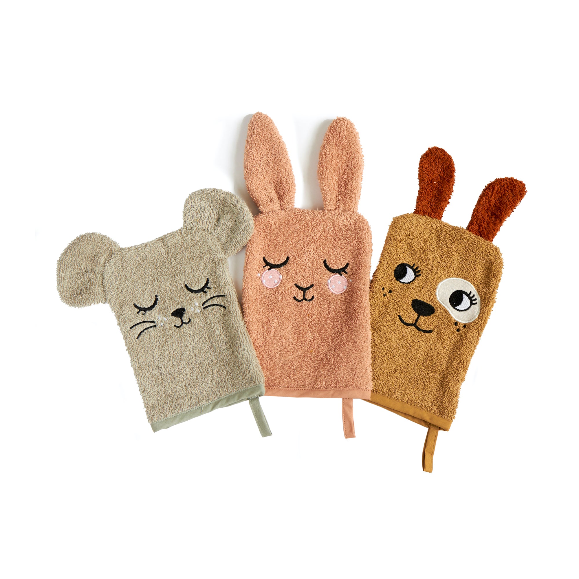 Roommate WASH GLOVES - BUNNY, MOUSE, DOG set med 3