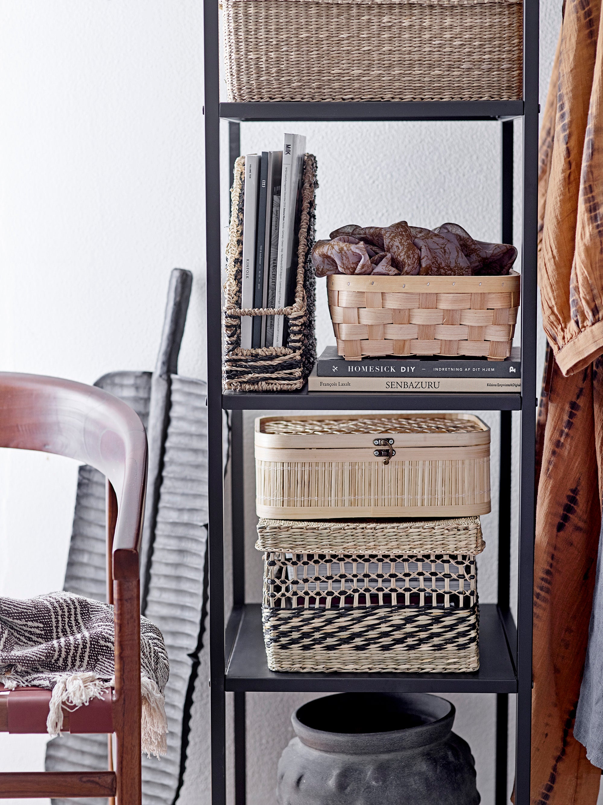 Bloomingville SABEL Korg med Lock, Svart, Sjögräs, set om 3